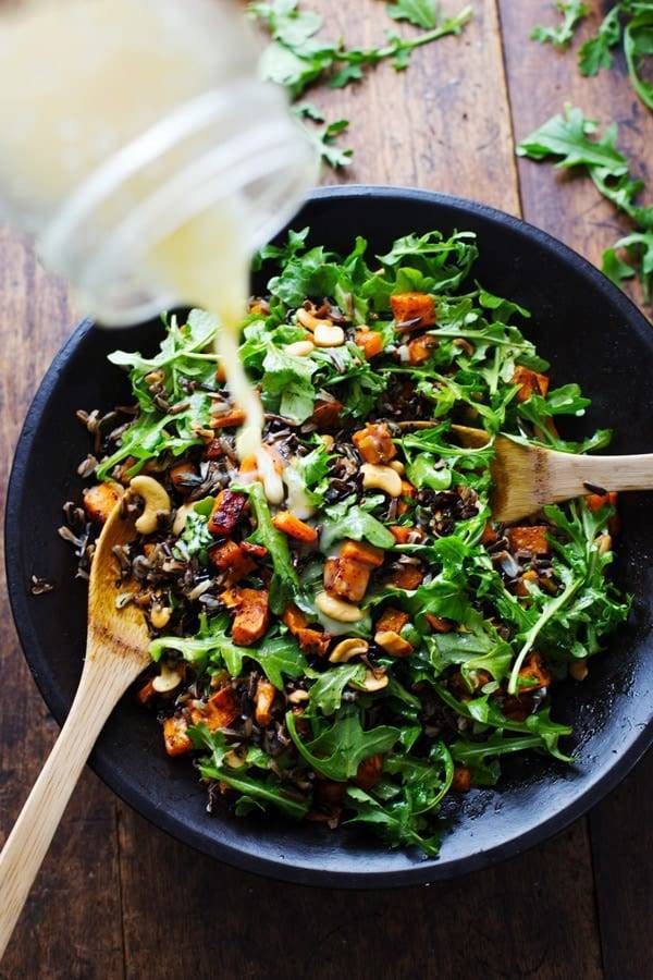 Arugula salad with wild rice and sweet potatoes.