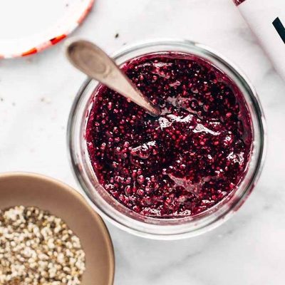 Triple Berry Refrigerator Jam in a jar.