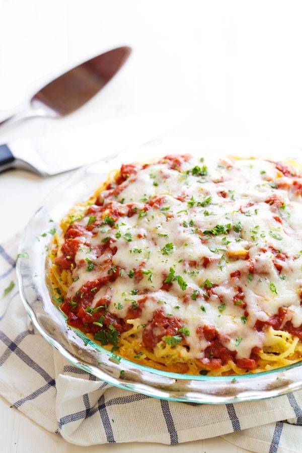 Spaghetti Pie in a clear baking dish.