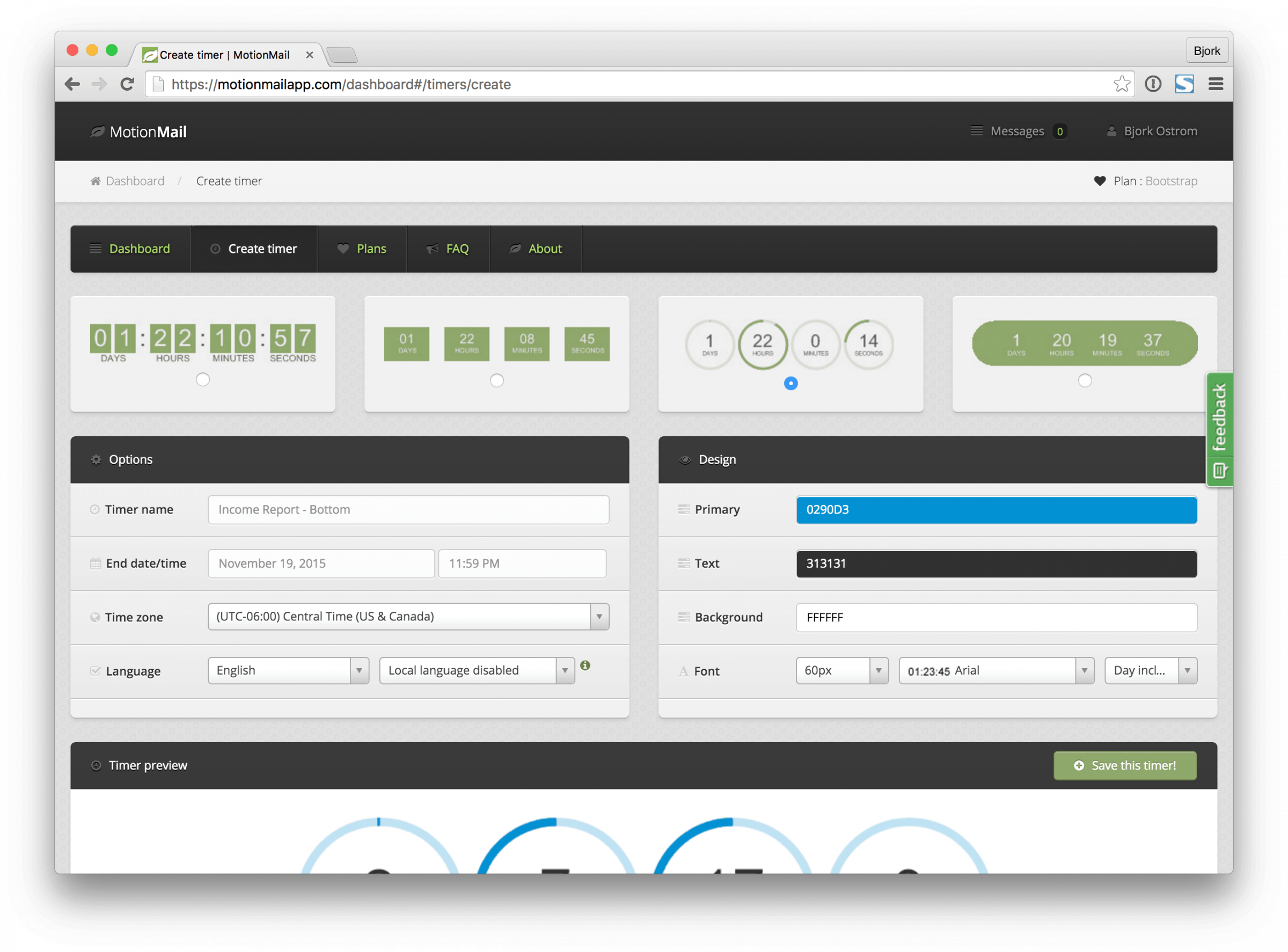 MotionMail Countdown Timer Settings.