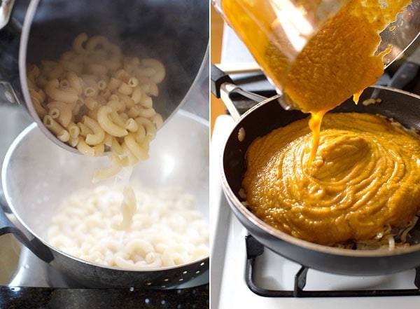 Noodles steaming in a pot and sauce in a skillet.
